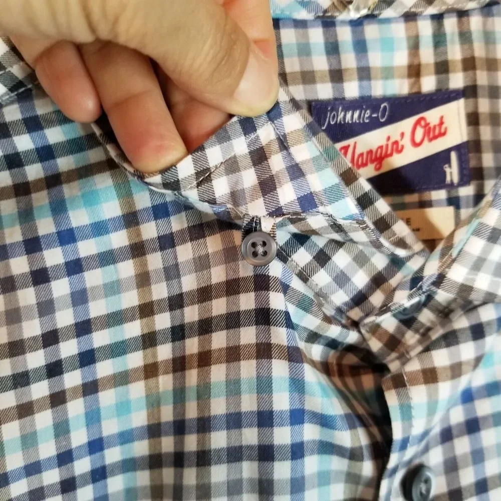 Johnnie O Hangin Out Shirt Mens Large Blue Gray Plaid Surf Button Up Long Sleeve - Picture 9 of 11